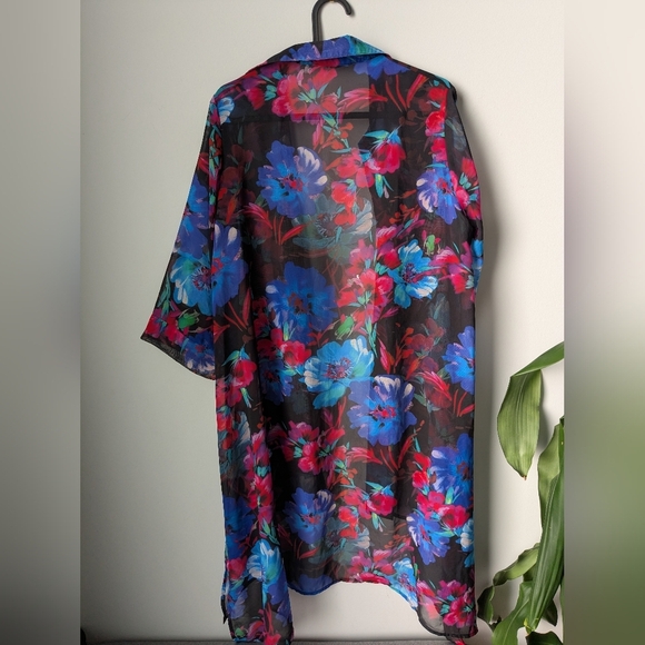 Floral Tunic Blouse High Low Button Front - Floral Sheer Size M - Picture 5 of 5